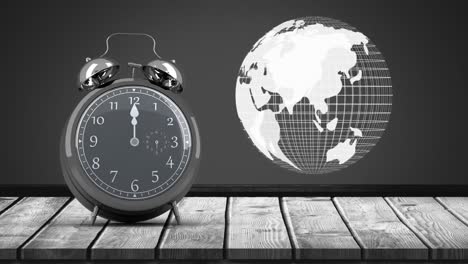 Animation-of-vintage-alarm-clock-moving-fast-and-ringing-over-globe-spinning-on-grey-background