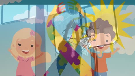 Animation-Von-Puzzles,-Die-Ein-Band-Bilden,-Und-Glückliche-Jungen-Und-Mädchen-Mit-Einem-Schuljungen,-Der-Basketball-Spielt