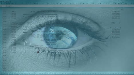 Animation-of-woman's-blue-eye-opening-with-turning-globe-and-scrolling-digital-information