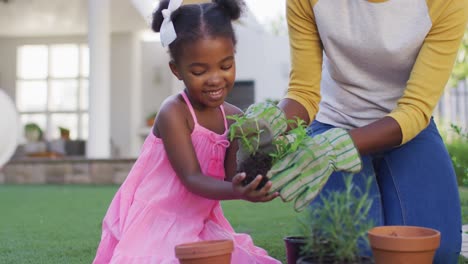 Happy-african-american-mother-and-daughter-gardening,-planting-plants-in-garden