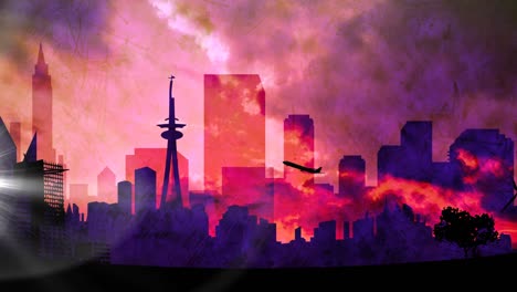 Animation-of-plane-taking-off-over-silhouetted-modern-cityscape-with-purple-to-red-clouds