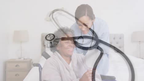 Animation-of-stethoscope-over-female-doctor-with-senior-woman-holding-mirror-and-smiling