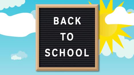 Animation-of-back-to-school-text-on-black-letter-board-over-puzzles-flying-and-sun-on-blue