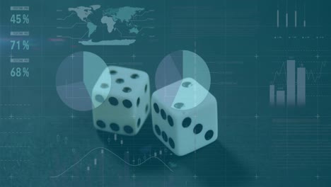 Animation-of-financial-data-processing-and-statistics-recording-over-two-playing-dice