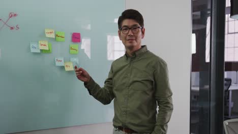 Smartly-dressed-asian-businessman-removing-sticky-note-from-glass-wall-looking-to-camera-smiling