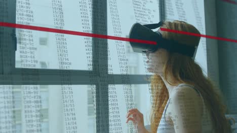 Animation-of-woman-in-vr-headset-by-window-with-interface-and-fast-scrolling-digital-information