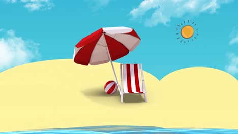 Animation-Von-Sonnenschirm,-Liegestuhl-Und-Ball-In-Roten-Und-Weißen-Streifen-Am-Strand-Mit-Sonne-Am-Blauen-Himmel