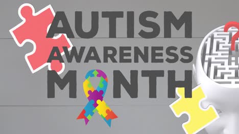 Animation-of-autism-awareness-month-text-and-ribbon-formed-with-puzzles-on-grey