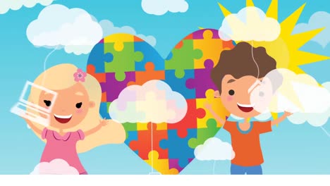 Animation-of-puzzles-forming-heart-and-happy-boy-and-girl-with-sun,-clouds-and-icons