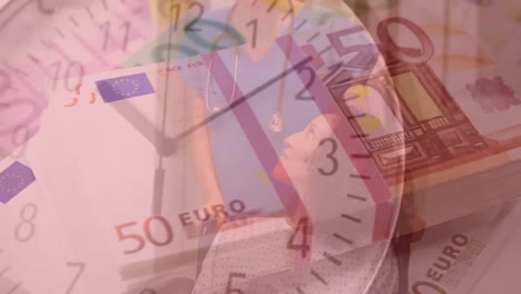 Animation-of-clock-ticking-over-euro-currency-bills-and-pregnant-woman-with-female-doctor