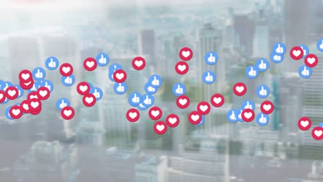 Animation-of-social-media-thumbs-up-and-heart-icons-over-cityscape