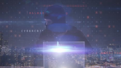 Animation-Eines-Hackers-In-Balaklava-Mit-Laptop-Und-Cyberangriffstext-über-Dem-Stadtbild