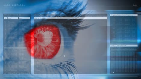 Animation-of-woman's-red-eye-with-interface-and-fast-scrolling-digital-information