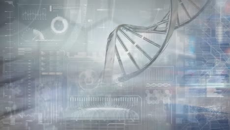 Animation-of-medical-data-processing-and-dna-strand-spinning-over-cityscape