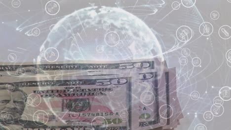Animation-of-network-of-connections-with-digital-icons-and-american-dollar-bills-over-globe