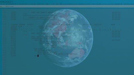 Animation-of-digital-interface-with-globe-and-fast-scrolling-text-information-on-blue-background