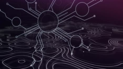 Animation-of-network-of-connections-with-icons-with-lines-on-purple-background