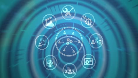 Animation-of-interface-with-turning-cogs,-people-and-business-icons-on-blurred-blue-background