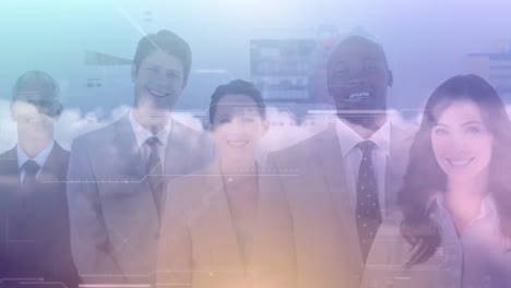 Animation-of-data-processing-over-group-of-smiling-businessmen-and-businesswomen