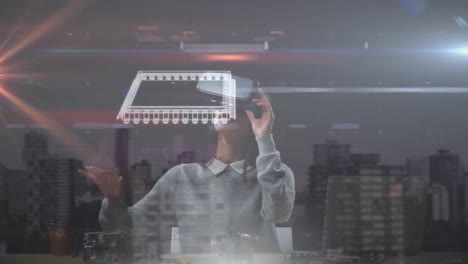 Animation-of-computer-processor-spinning-over-woman-wearing-vr-headset-and-cityscape