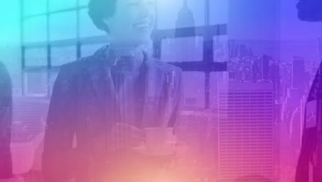Animation-of-purple-to-blue-gradient-tint-over-businesswoman-and-businessman-over-cityscape