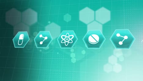 Digital-animation-of-multiple-medical-icons-against-chemical-structures-on-green-background