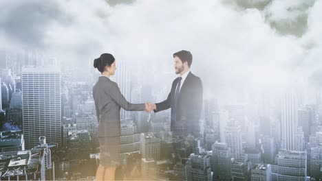 Animation-of-businessman-and-businesswoman-shaking-hands-over-cityscape