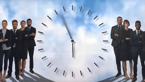Animation-of-clock-ticking-fast-and-two-groups-of-business-people-over-clouds