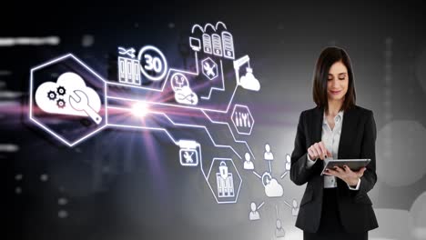 Animation-of-networks-of-connections-with-digital-icons-over-businesswoman-using-tablet