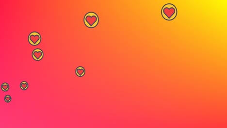 Animation-of-multiple-social-media-heart-love-emoticons-flying-on-red-to-yellow-background