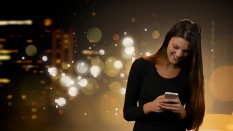 Animation-of-woman-using-smartphone-over-spots-of-light-and-cityscape