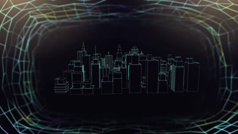 Animation-Eines-Netzwerks-Von-Verbindungen-über-Einem-Sich-Drehenden-3D-Stadtmodell-Auf-Schwarzem-Hintergrund