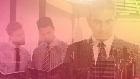 Animation-of-businessmen-working-together-with-yellow-to-pink-tint-over-cityscape