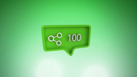 Animation-of-speech-bubble-with-share-icon-and-numbers-growing-over-green-background