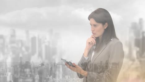 Animation-of-businesswoman-using-digital-tablet-over-cityscape