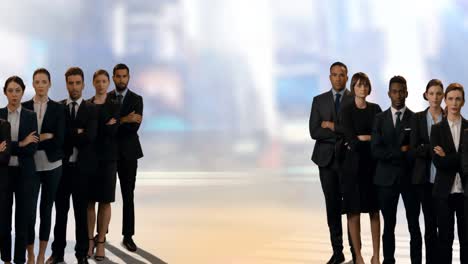 Animation-of-business-people-in-two-groups-over-out-of-focus-cityscape