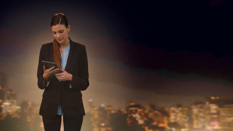 Digital-composition-of-caucasian-businesswoman-using-digital-tablet-against-cityscape-in-background