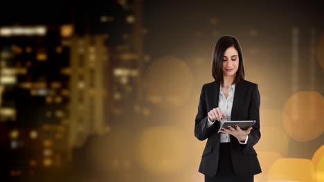 Animation-of-businesswoman-using-digital-tablet-over-glowing-spots-of-light-and-cityscape