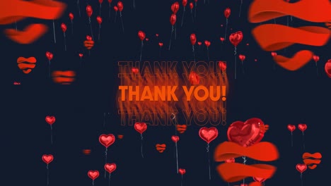 Animation-of-thank-you-text-in-red-with-red-hearts-flying-up-on-black-background