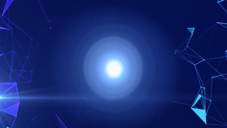 Animation-of-networks-of-connections-spinning-over-glowing-spot-of-light-on-blue-background