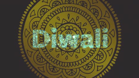 Animation-of-diwali-text-with-fireworks-over-oriental-gold-circle-pattern-on-brown-background