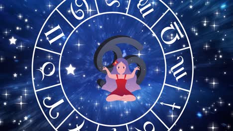 Animation-of-cancer-star-sign-inside-spinning-wheel-of-zodiac-signs-over-stars-on-blue-sky