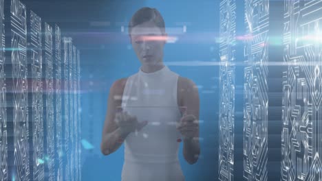 Animation-of-businesswoman-using-interactive-screen-with-computer-servers-on-blue-background