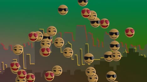 Animation-of-multiple-emoji-icons-over-cityscape-on-green-background