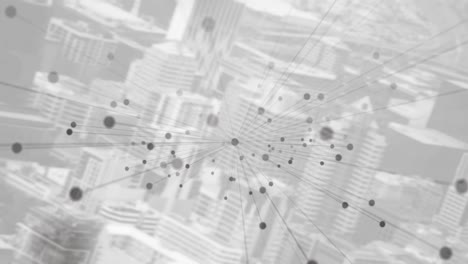 Animation-of-networks-of-connections-with-grey-spot-with-cityscape-in-background