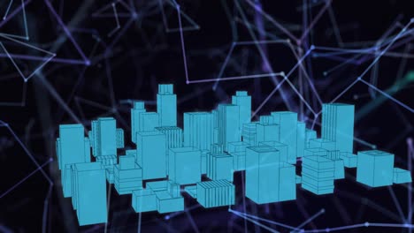 Animation-Des-Netzwerks-Von-Verbindungen-über-Einem-Blauen-3D-Stadtmodell-Auf-Blauem-Hintergrund