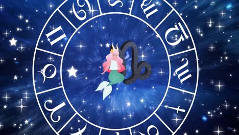 Animation-of-virgo-star-sign-inside-spinning-wheel-of-zodiac-signs-over-stars-on-blue-sky