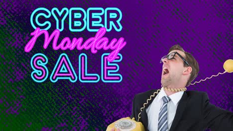 Animation-of-cyber-monday-sale-text-with-man-shouting-holding-vintage-phone-on-purple-background
