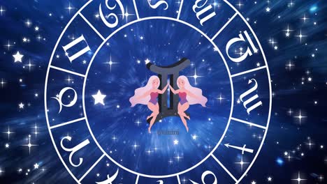 Animation-of-gemini-star-sign-inside-spinning-wheel-of-zodiac-signs-over-stars-on-blue-sky