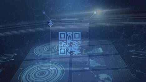 Animation-of-qr-code-data-scanning-and-processing-over-blue-grid-with-scopes-scanning-and-diagrams